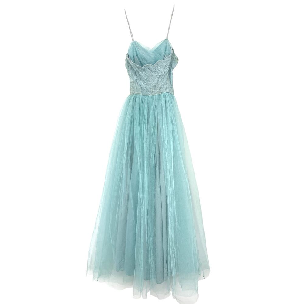 Vintage 1950s Emma Domb Party Dress Womens Apx Sz XXS Blue Lace Tulle AS-IS